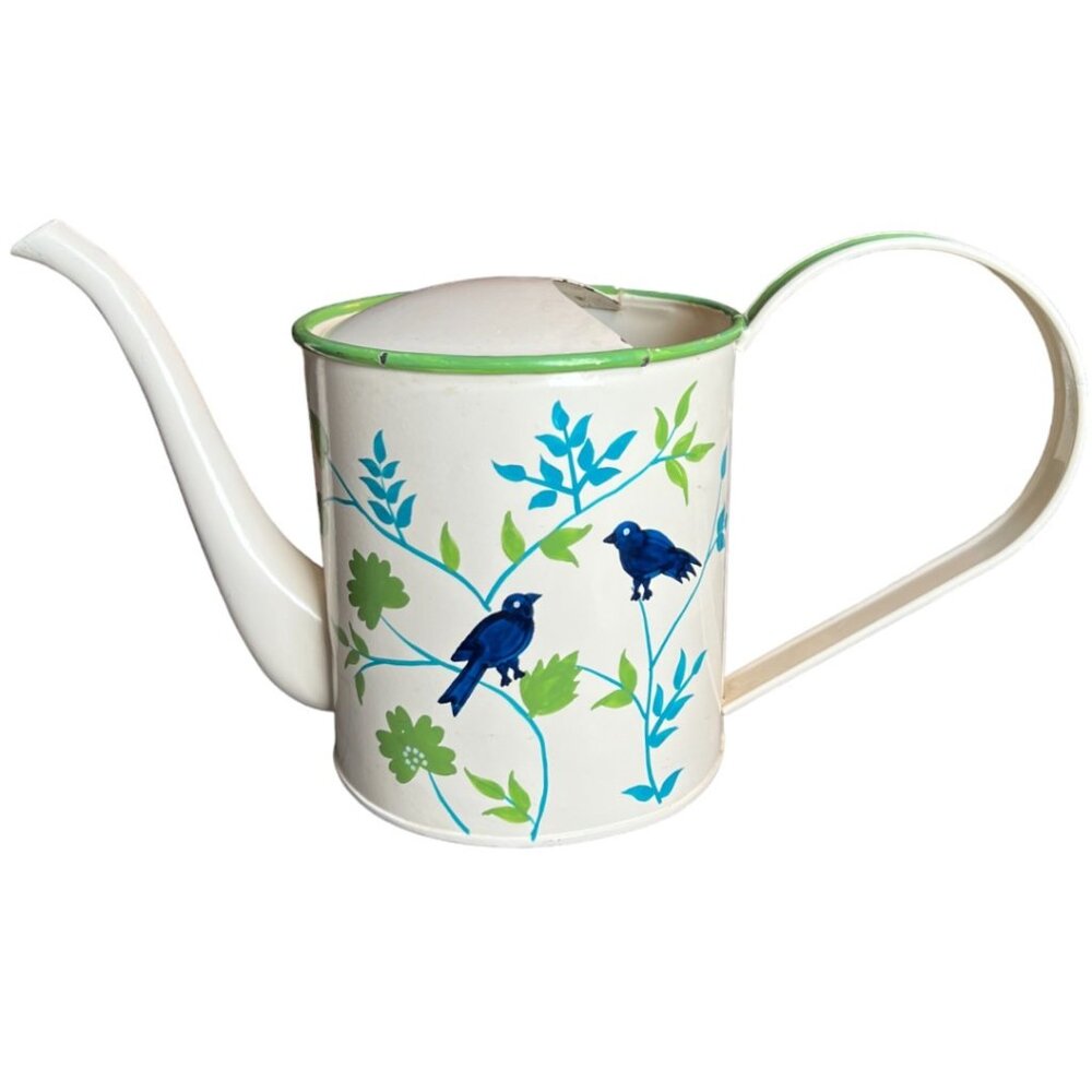 Vtg Enameled Steel Watering Can Bluebird Garden Handpainted Double-Sided India - Picture 3 of 16
